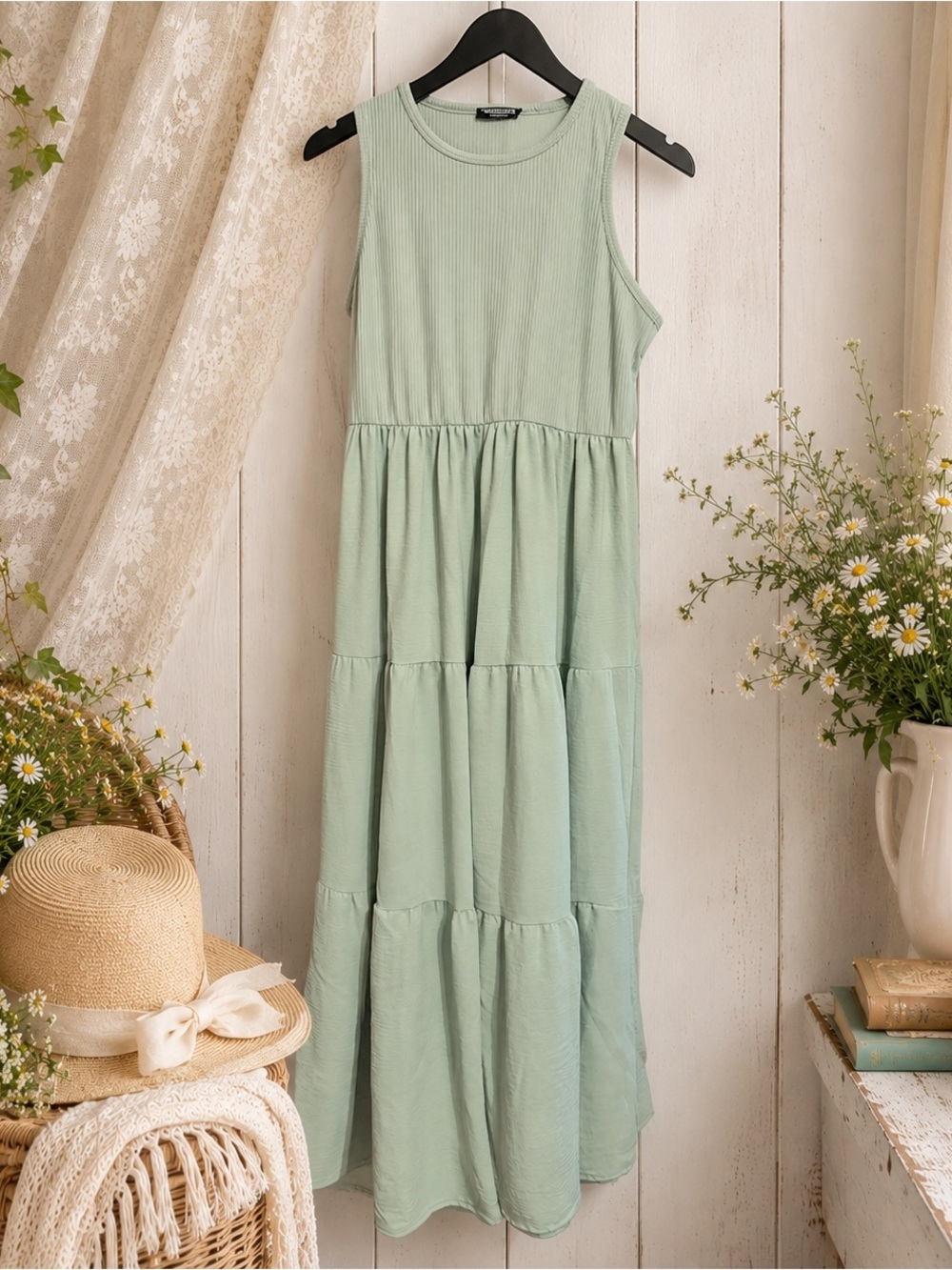 NWOT Heimish USA Mixed Sleeveless Midi Sundress Mint Green Cottage Core Small